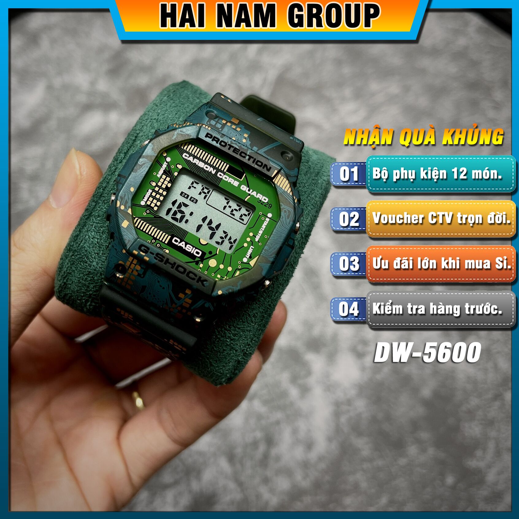 Đồng hồ nam nữ G-SHOCK DWE-5600CC-3 Xanh lá bảng mạch điện tử nền trắng 1