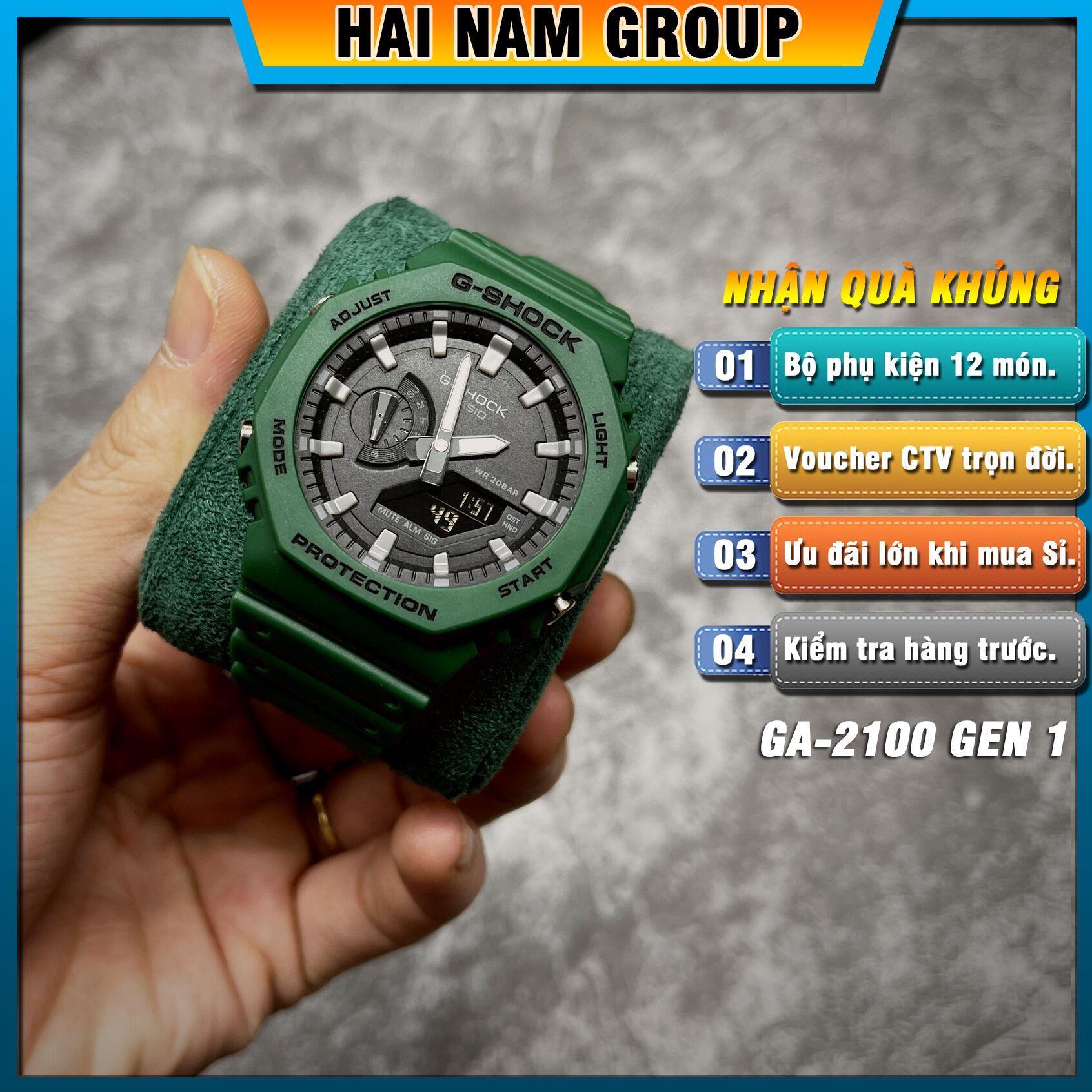 Đồng hồ nam nữ G-SHOCK GA-B2100-3A Xanh lá mặt đen viền trắng 1