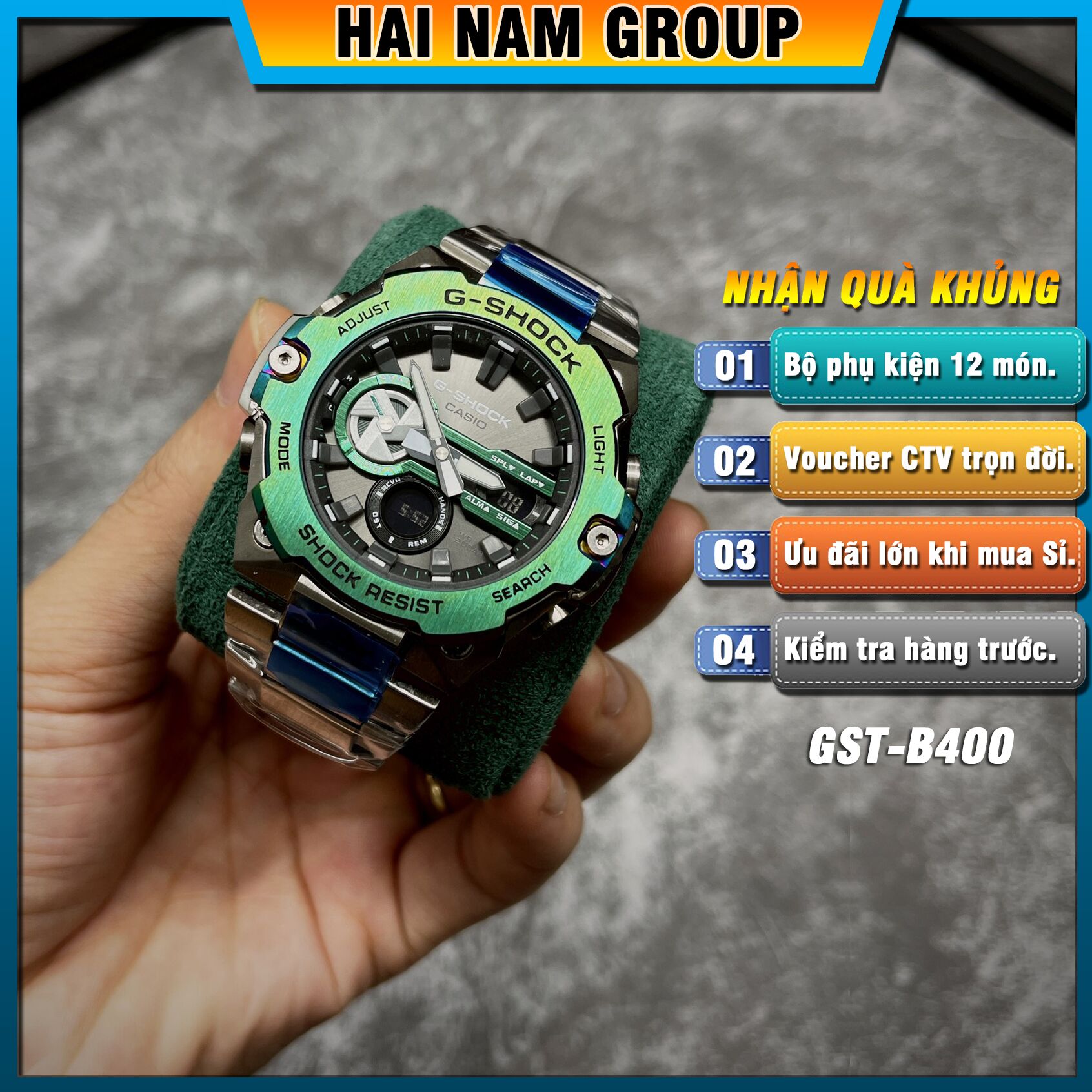 Đồng hồ nam GST-B400GR-1A Full Thép Bạc Viền Xanh Lá Titan 1