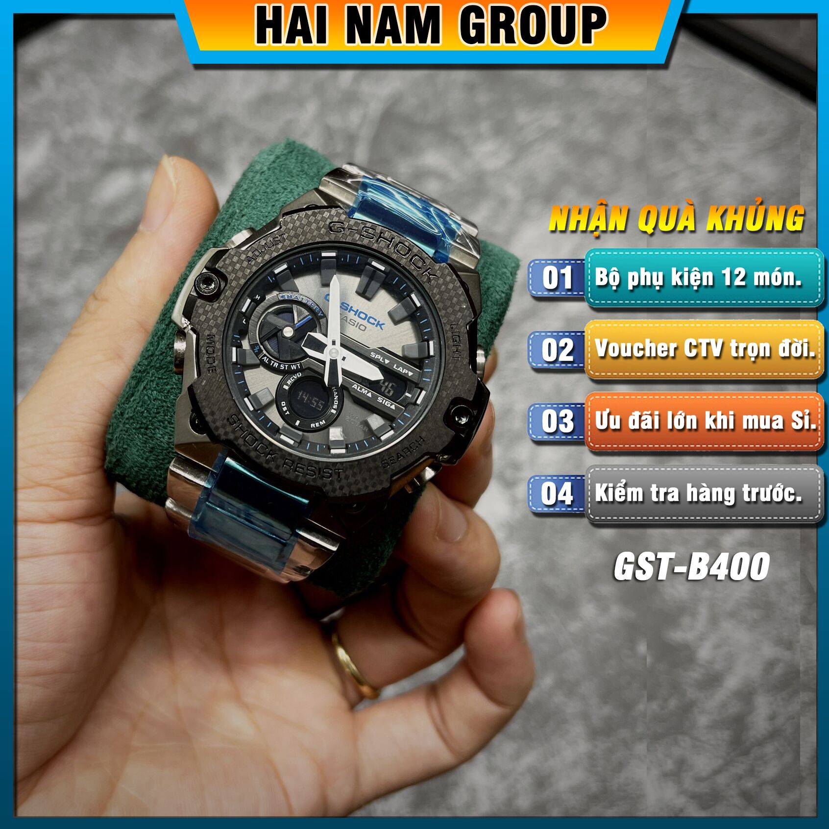 Đồng hồ nam nữ G-SHOCK GST-B400XD-1A2 Full Thép Bạc Viền Cacbon Chữ Xanh Dương 1