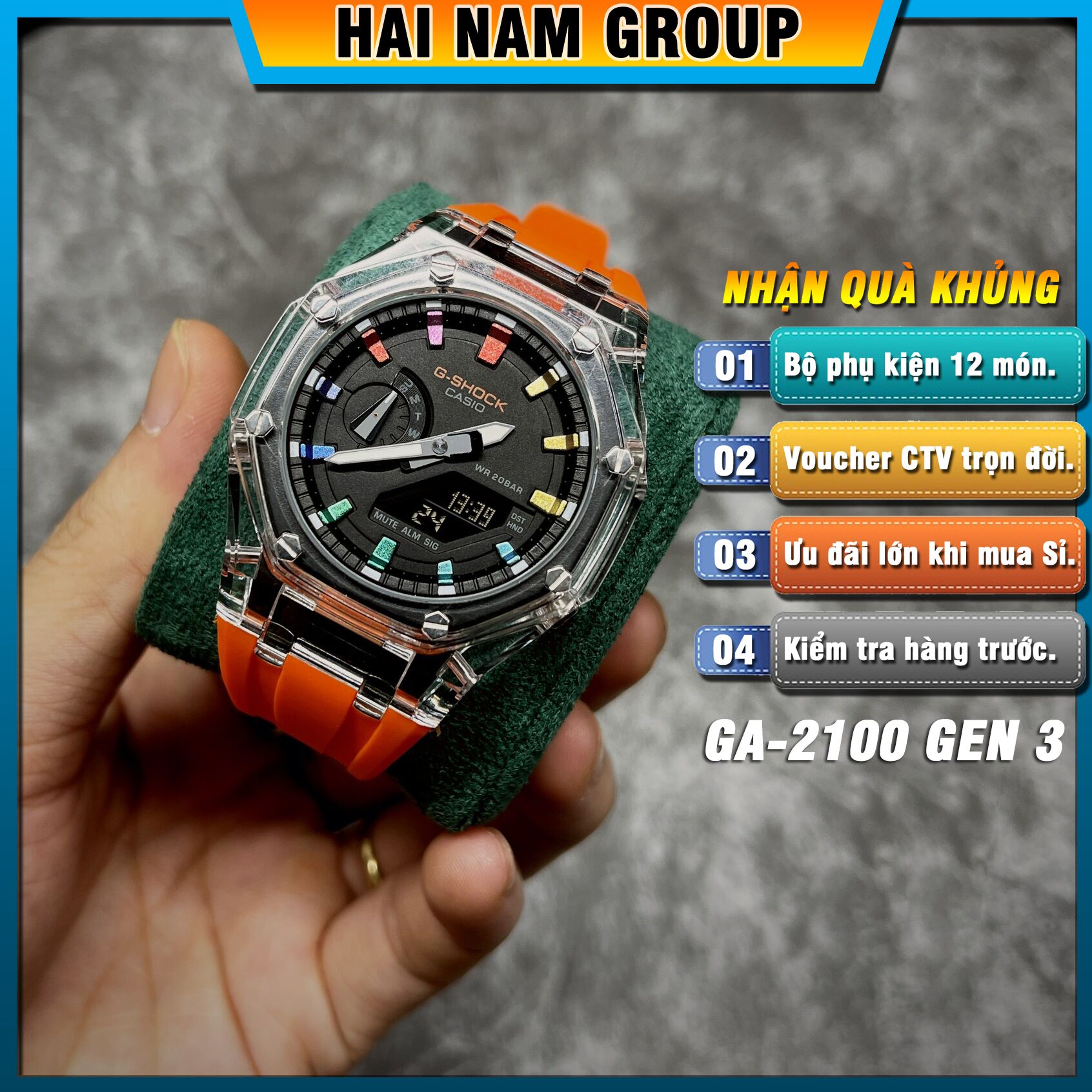 Đồng hồ nam nữ G-SHOCK GA 2100 Custom Rainbow Cam Mặt Đen Rainbow Vỏ Trong Suốt 1