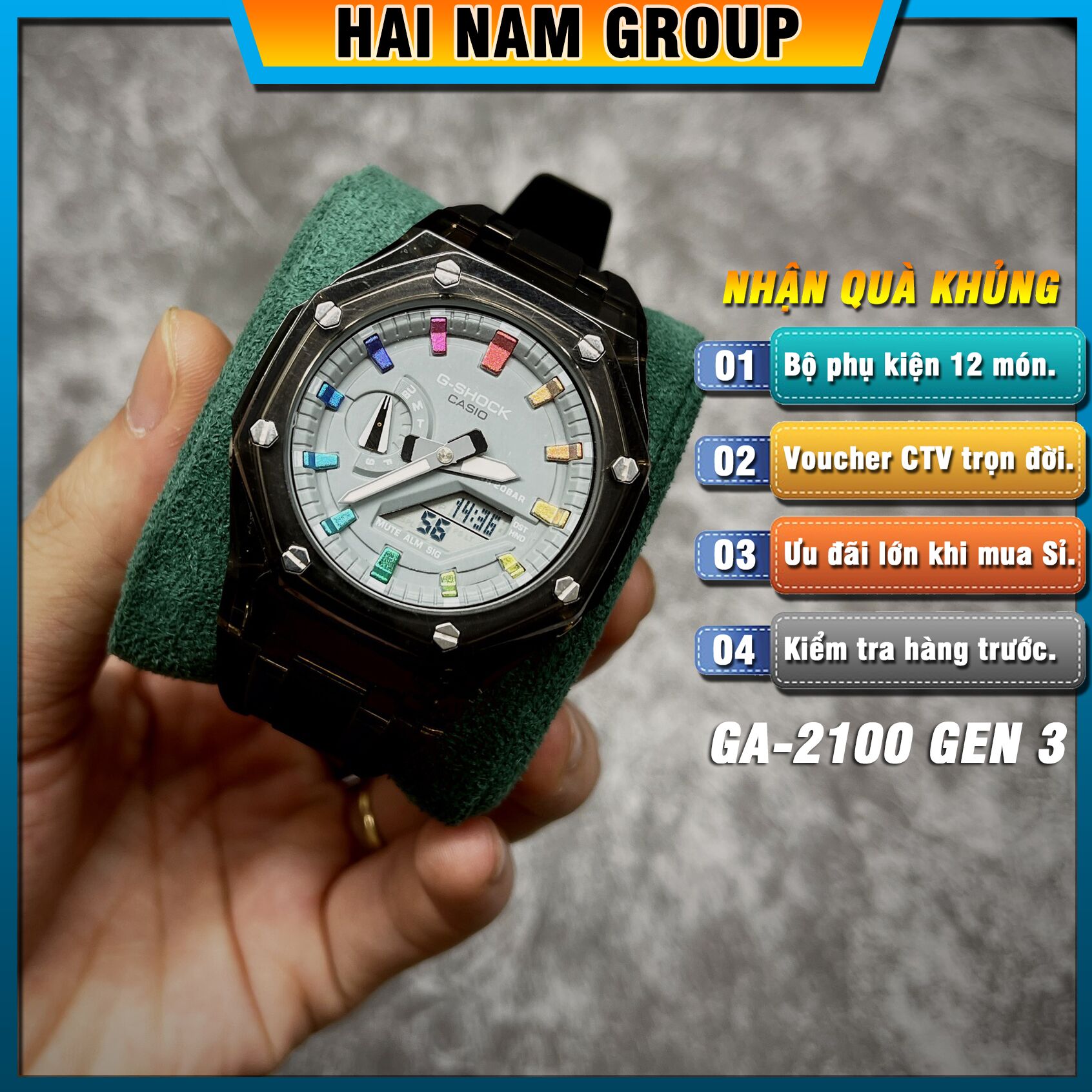 Đồng hồ nam nữ G-SHOCK GA 2100 Custom Ap Gen 3 Đen Mặt Xám Rainbow Trong Suốt 1