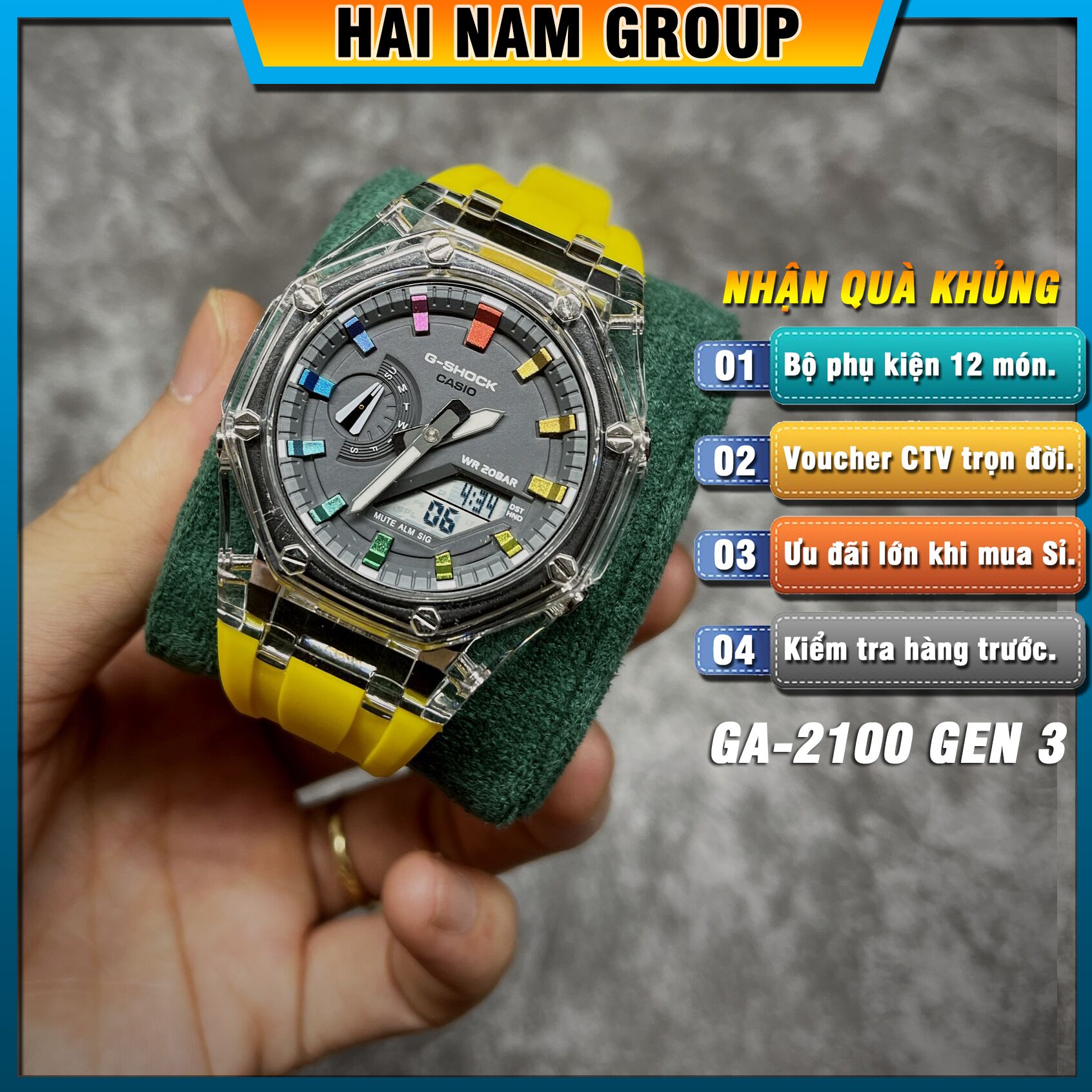 Đồng hồ nam nữ G-SHOCK GA 2100 Custom Ap Gen 3 Vàng Mặt Xám Rainbow 1
