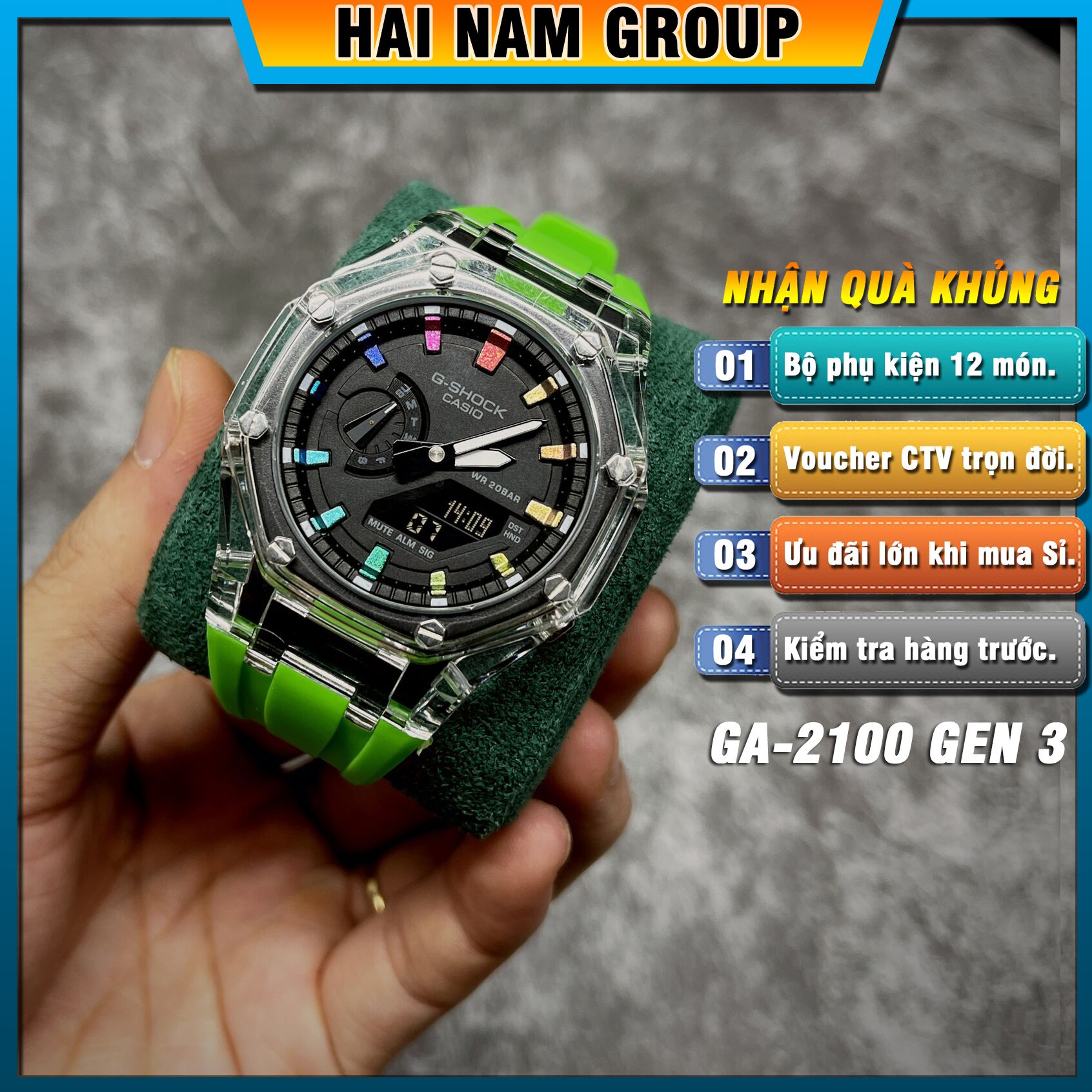 Đồng hồ nam nữ G-SHOCK GA 2100 Custom Ap Gen 3 Xanh Lá Mặt Đen Rainbow 1
