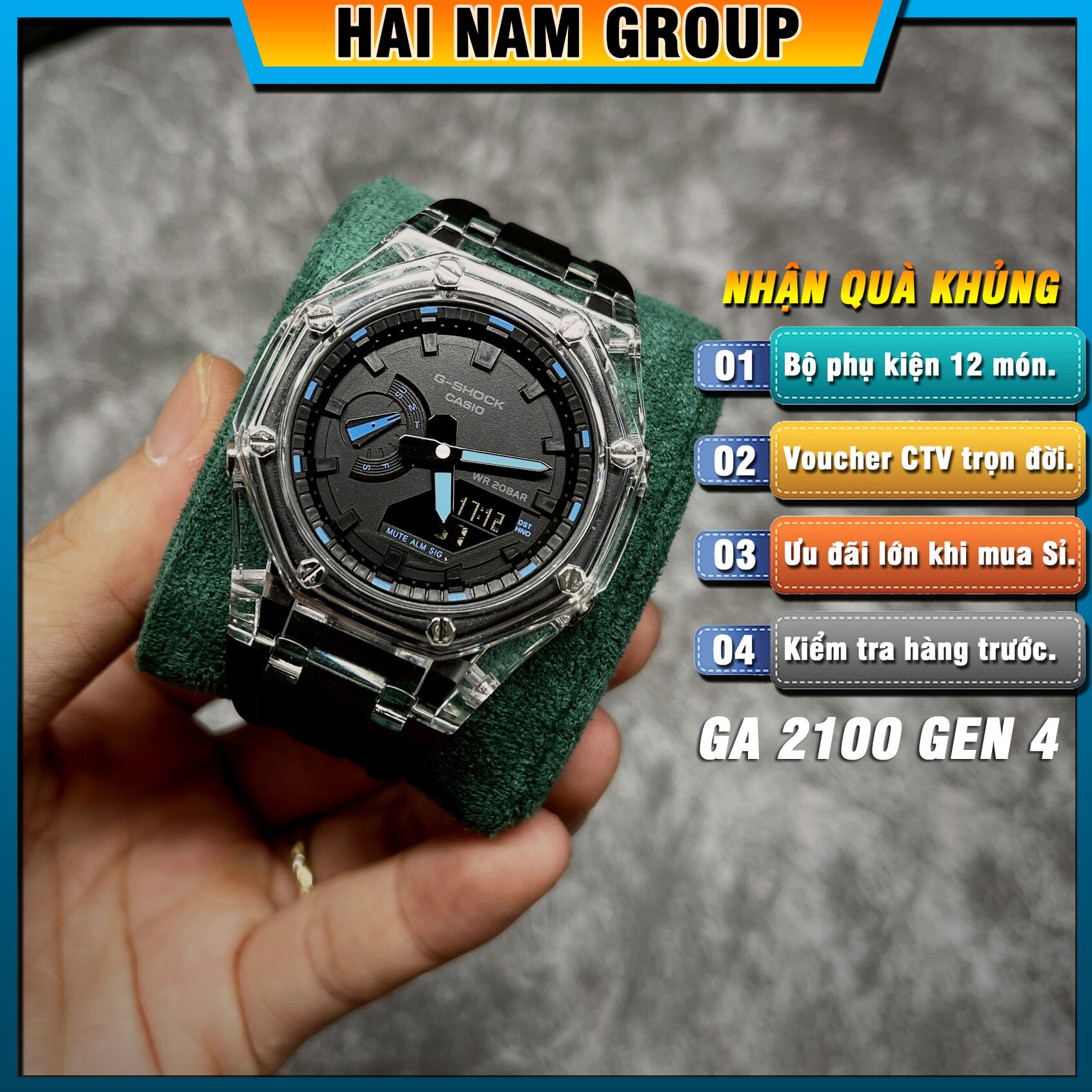Đồng hồ nam nữ G-SHOCK GA 2100 Custom Ap Gen 4 Đen Mặt Đen Kim Xanh Dương Trong Suốt 1
