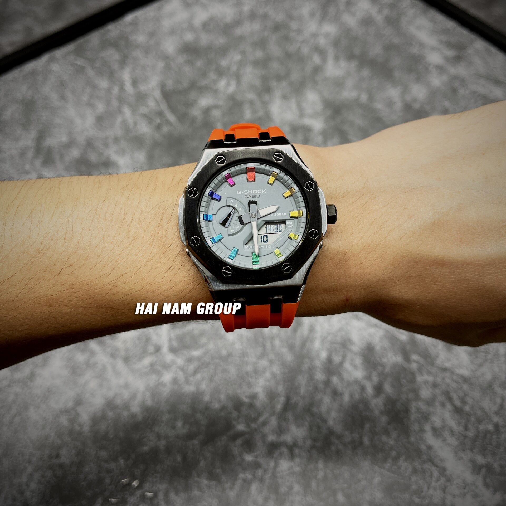 Đồng hồ nam nữ G-SHOCK GA 2100 Custom Ap Gen 5 Cam Bạc Mặt Xám Rainbow Viền Đen 6