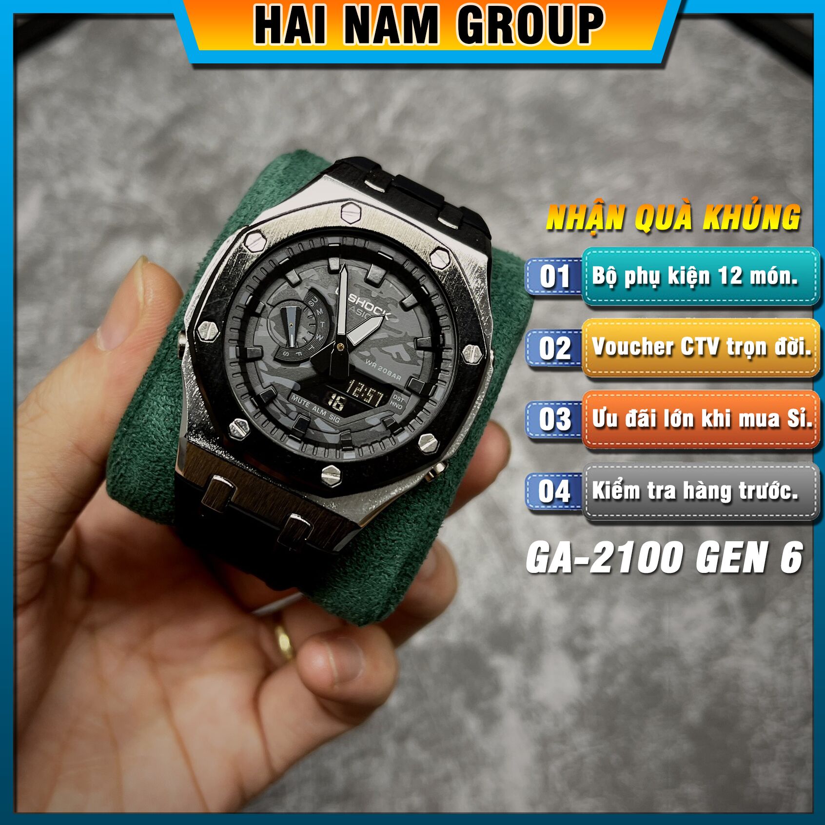 Đồng hồ nam G-SHOCK GA 2100 Custom Ap Gen 6 Đen Bạc Mặt Đen Camo 1